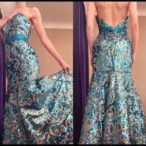 Turquoise sequin mermaid prom dress with bustle!
